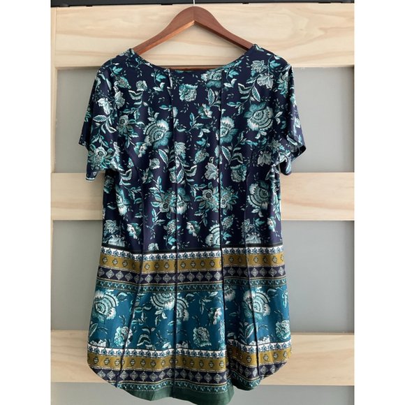 Sami & Jo Plus Floral Boho Top Navy Teal Mustard Short Sleeve 1X NWT - Picture 2 of 7